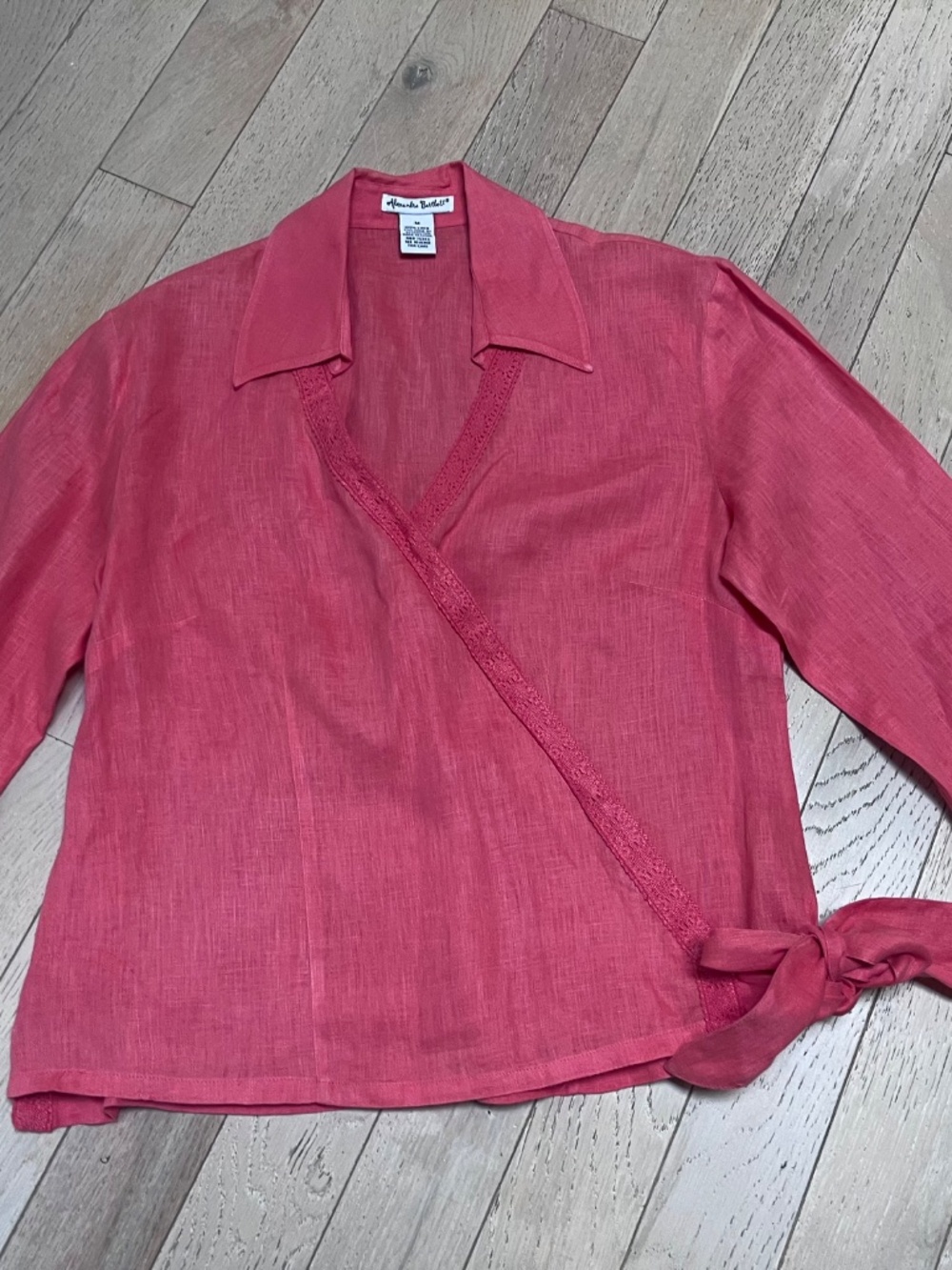 Alexandra Bartlett Womens M Coral 100% Linen Wrap 3/4 Sleeve Lace Trim Top Boho